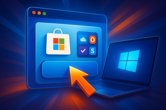 A futuristic Windows desktop scene with a large app panel, store icon, and a bright cursor.