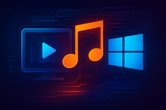 Neon music note between a play button and Windows logo on a circuit-board background.