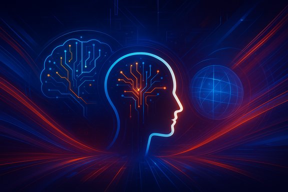 Neon silhouette of a human head with a circuit-brain amid blue and orange tech lines.