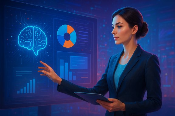 Businesswoman presents data analytics on a glowing holographic dashboard.