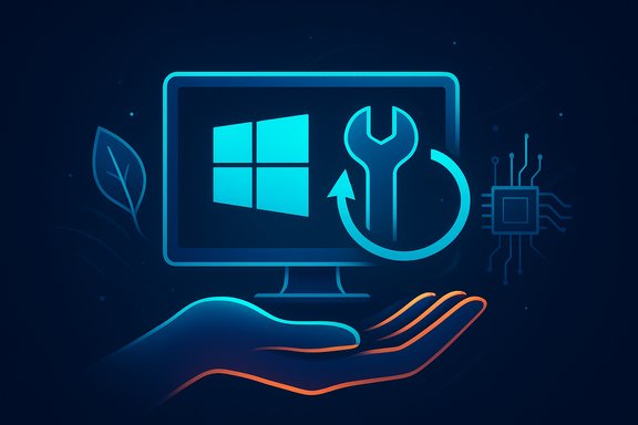 Neon Windows monitor with a wrench and circuitry motifs, symbolizing tech support and maintenance.