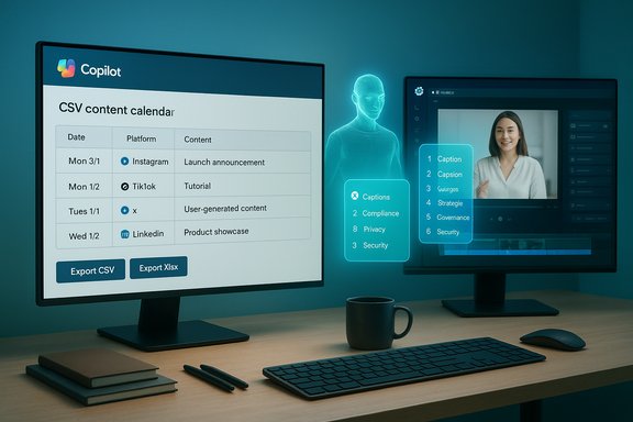 Two monitors show a CSV content calendar and a video call, with a glowing AI hologram beside the desk.