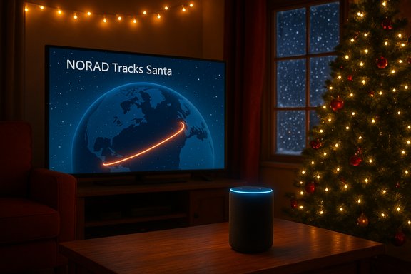 Cozy living room watching NORAD Tracks Santa on TV, with a lit Christmas tree.