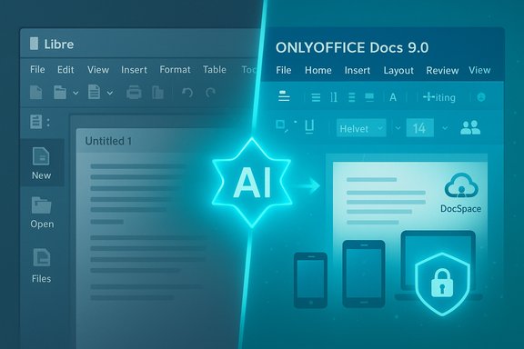 Split screen of LibreOffice and ONLYOFFICE Docs with a glowing AI star in the center.