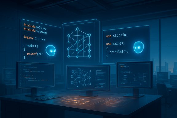 Futuristic coding lab with neon blue screens displaying code and neural network diagrams.