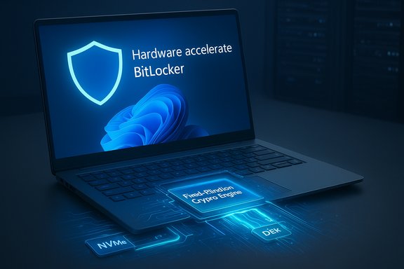 Laptop displays 'Hardware accelerate BitLocker' with a blue-glow crypto engine and NVMe/DEK keys.