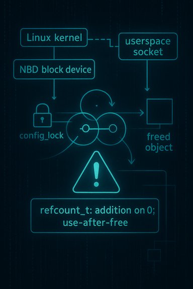 A schematic of a Linux kernel flow with NBD block device and userspace socket, showing use-after-free.