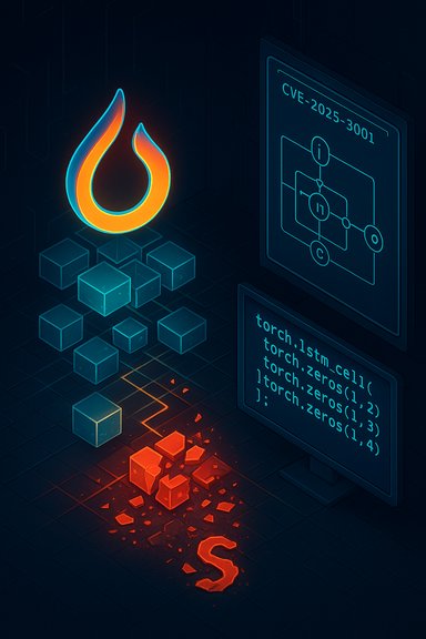 Neon flame above glowing cubes with a code panel labeled CVE-2025-3001 and a cracked red S on the floor.