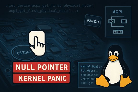 A dark circuit-board illustration showing a hand cursor, red Null Pointer/Kernel Panic signs, and Tux the penguin.