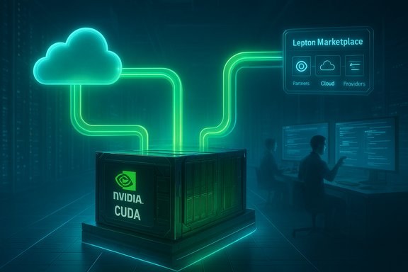 NVIDIA CUDA server linked to neon cloud circuits in a futuristic data center.