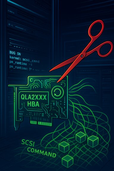 Neon cyberpunk server scene: a QLA2XXX HBA circuit card is cut by red scissors amid SCSI text.