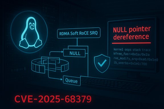 Cybersecurity infographic showing a NULL pointer dereference exploit (CVE-2025-68379) in Linux RDMA RoCE SRQ.