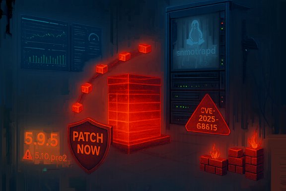 Neon red security patches cascade toward a server as CVE-2025-68615 looms.