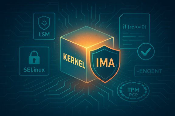Glowing kernel-IMA shield surrounded by Linux security icons on a circuit-board background.