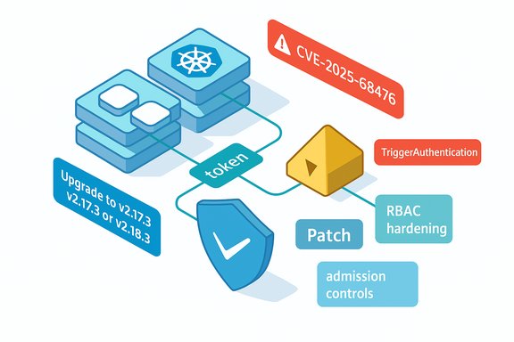Kubernetes security patch diagram for CVE-2025-68476, highlighting token use, RBAC hardening, and admission controls.