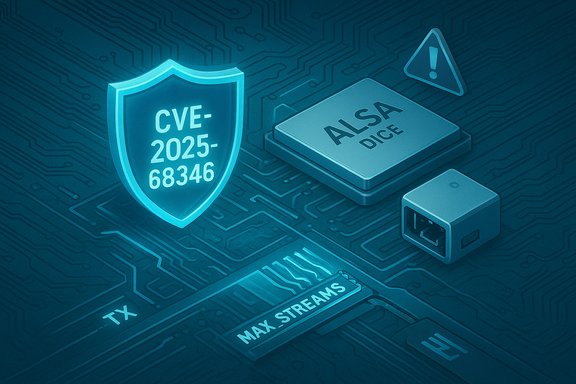 Blue circuit-board illustration featuring a shield labeled CVE-2025-68346 beside an ALSA DICE chip.