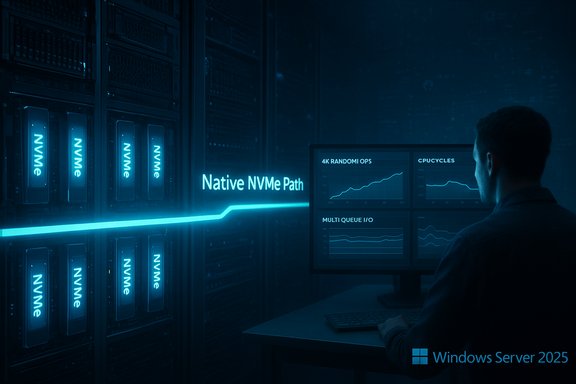 Data center with native NVMe path neon glow and a technician monitoring Windows Server 2025 dashboards.