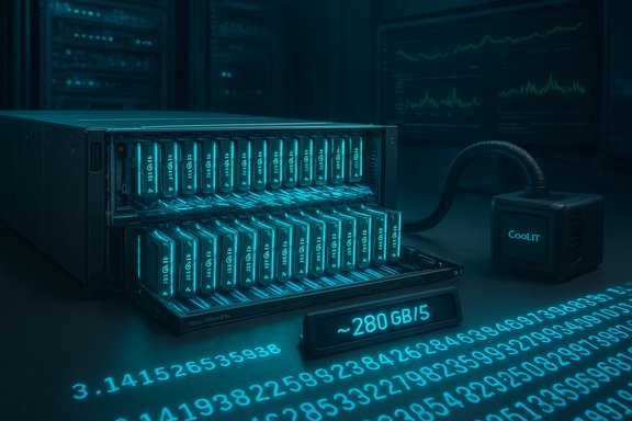 A neon-blue data center rack with glowing drives, a CoolIT cooling unit, and streaming digital numbers.