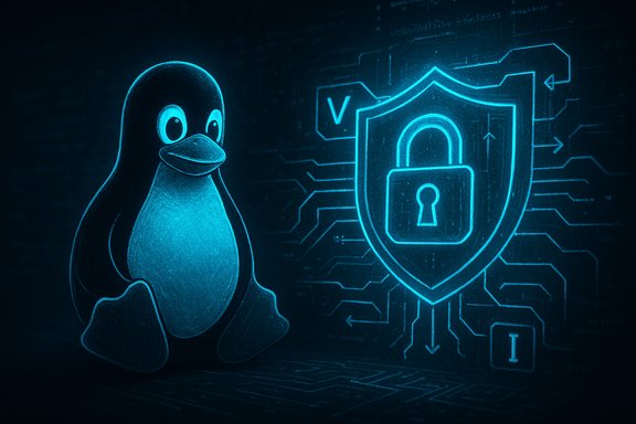 A blue neon penguin sits beside a glowing shield and lock on a circuit-board background.