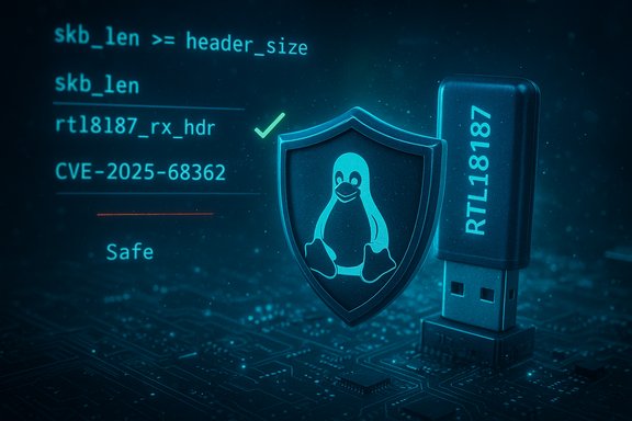 USB drive stands beside a shield with the Linux penguin, symbolizing protection against CVE-2025-68362.