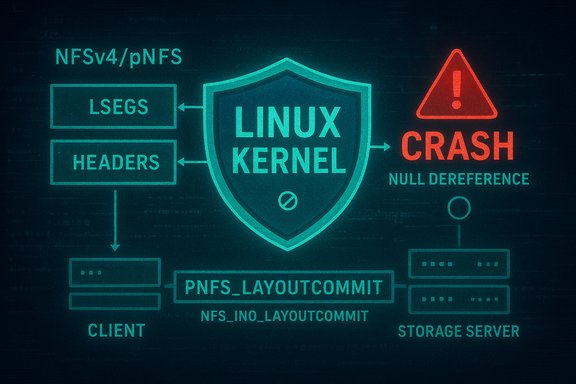 A Linux kernel schematic showing NFSv4/pNFS components and a null-dereference crash.