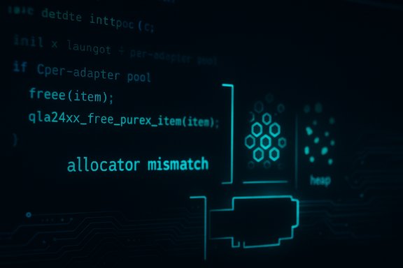 Futuristic code screen showing allocator mismatch with a glowing heap diagram.