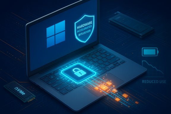Laptop showing Windows logo with a hardware-accelerated BitLocker shield and glowing lock.