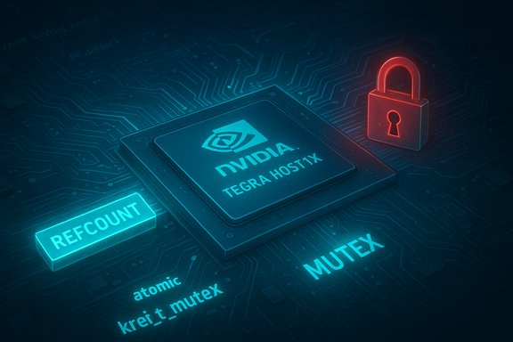 NVIDIA Tegra chip on a circuit board, glowing REFCOUNT block and a red security lock.