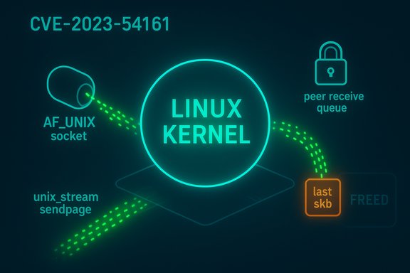 Illustration of the Linux kernel vulnerability CVE-2023-54161, featuring AF_UNIX socket and skb flow.