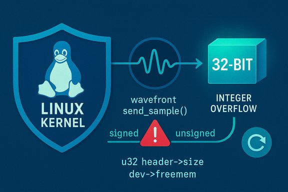 Diagram of the Linux kernel flow highlighting a 32-bit integer overflow from signed/unsigned conversion.