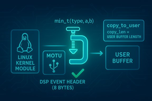 A Linux kernel module sends DSP data to a user buffer using copy_to_user.