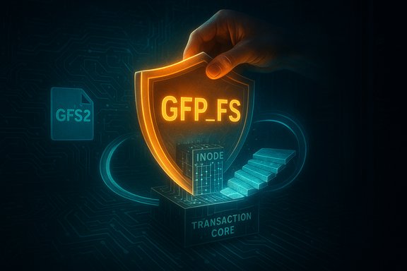 A hand holds a glowing GFP_FS shield guarding a transaction core and inode structures.