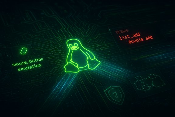 Glowing green Linux penguin on a circuit board, with code snippets and debug labels.