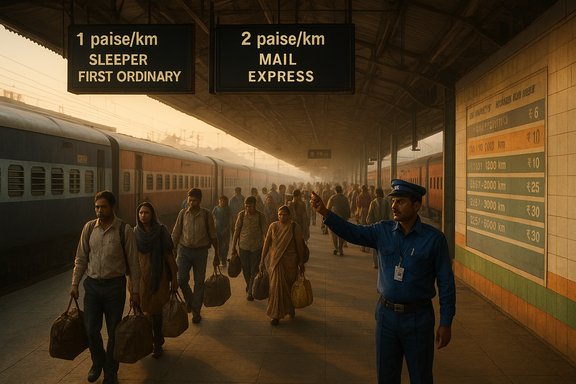 Crowded Indian railway platform at sunset; travelers carry bags as a guard directs them.