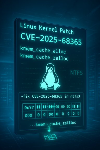 A neon blue sign about a Linux kernel patch CVE-2025-68365 featuring Tux the penguin.