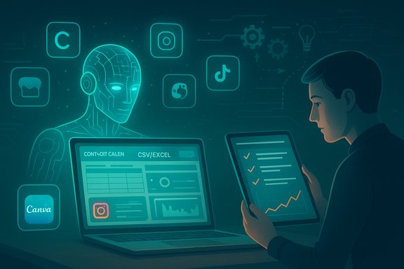 A person analyzes data on a tablet beside a glowing holographic AI assistant and laptop.