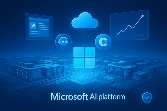 Microsoft AI platform illustrating cloud, data center, and analytics icons.