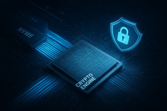 Blue cryptographic engine chip on a circuit board with a glowing security shield.