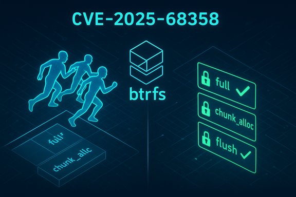 CVE-2025-68358: Btrfs vulnerability shown by runners and blocks labeled full, chunk_alloc, flush.
