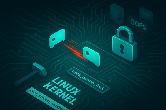 Linux kernel security diagram showing a broken recv_queue_lock connection and a padlock.