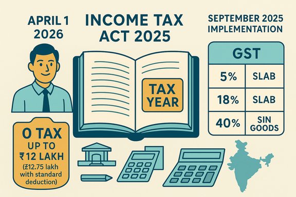 Infographic on India's Income Tax Act 2025 with tax year, GST slabs, and 0 tax up to ₹12 Lakh.
