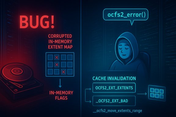 Tech infographic showing a bug: corrupted in-memory extent map and OCFS2 cache invalidation.