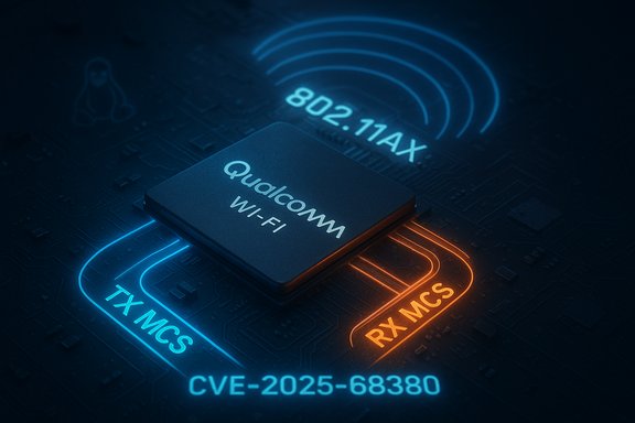 A Qualcomm Wi‑Fi chip on a circuit board with 802.11AX, TX MCS, RX MCS, and CVE-2025-68380.