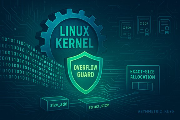 Linux kernel protected by an overflow guard in a circuit-board style illustration.