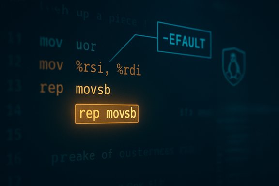 Dark code screen showing a highlighted 'rep movsb' assembly instruction and a -EFAULT tag.