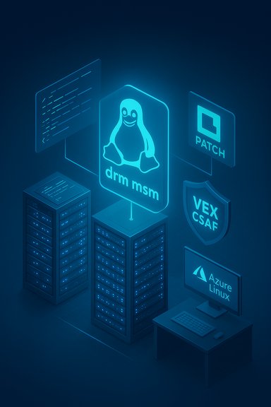 Glowing blue data center with the Linux penguin logo, servers, and Azure Linux on a desk.