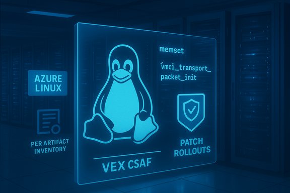 Blue-tinted data center displays a large Linux penguin sign with Azure Linux, VEX CSAF, and patch rollouts.