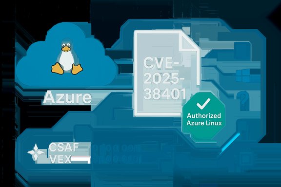 Azure cloud logo with Tux penguin, CVE-2025-38401 document, and Authorized Azure Linux badge.
