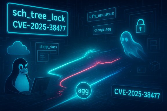 Neon cyber-security scene showing a Linux penguin at a computer among CVE-2025-38477 alerts.