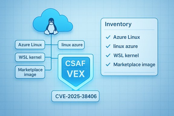 Infographic showing CSAF VEX CVE-2025-38406 with Linux, Azure, WSL, and marketplace image.
